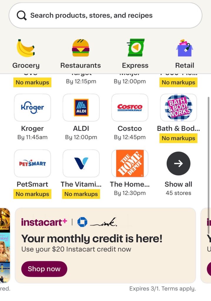 Instacart home page