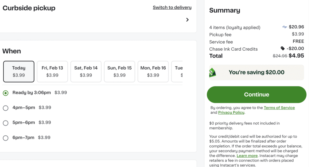 Instacart checkout screen with pickup fee and monthly credit