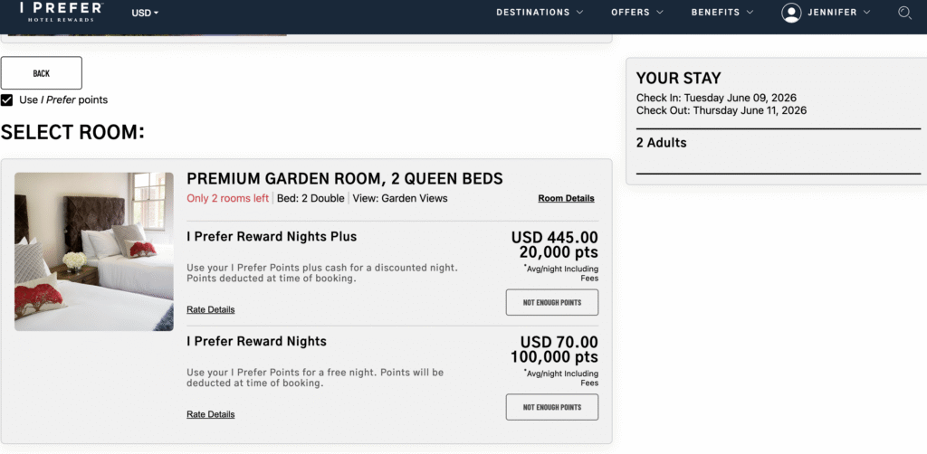 Reward nights bookable with I Prefer